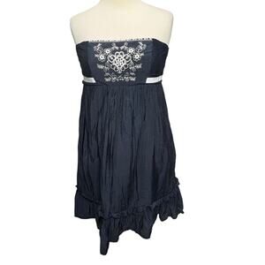 A'gaci Mini Dress L Blue Strapless Lace Mesh Embroidered Smocked Y2K Boho Chic